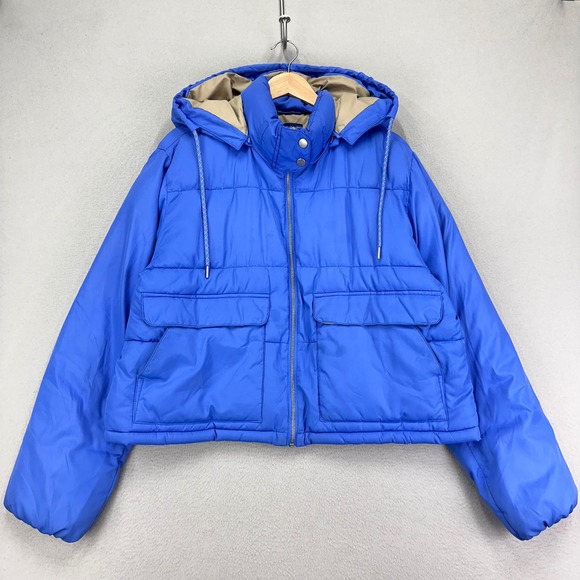 Pilcro Jackets & Blazers - Pilcro Anthropologie Puffer Jacket Womens L Blue Hooded Full Zip Semi Cropped